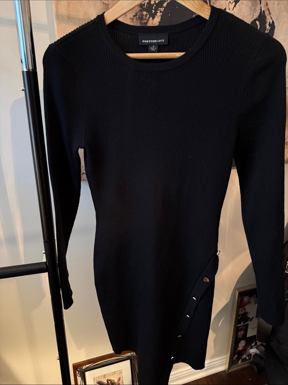Fortune + Ivy Black Long-Sleeve Ribbed Knit Dress with Side Snap Detail